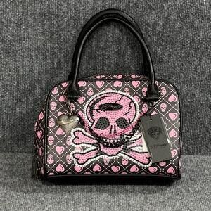 Ed Hardy Satchel Bag Womens Black Pink Skull Hearts Rhinestone Vegan NWT Rock
